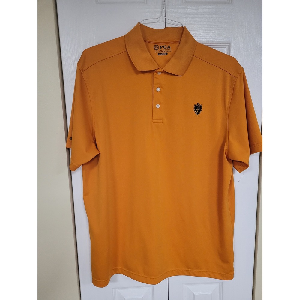 PGA Performance Golf Collared Polo Shirt Men Size‎ L Orange Classic Crest Casual